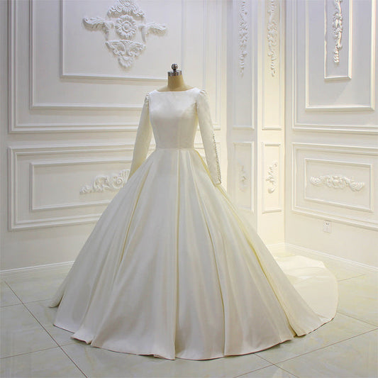 AM074 Long Sleeve Satin Simple Elegant Backless satin luxury Wedding Dress