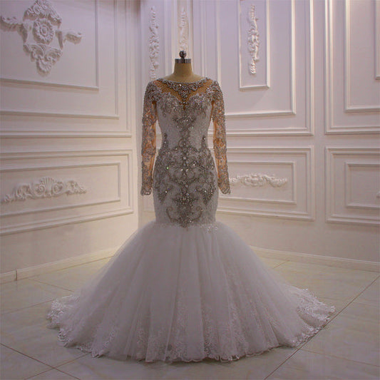 AM756 Long Sleeve Lace Appliques shiny Crystal luxury Mermaid Wedding Dress