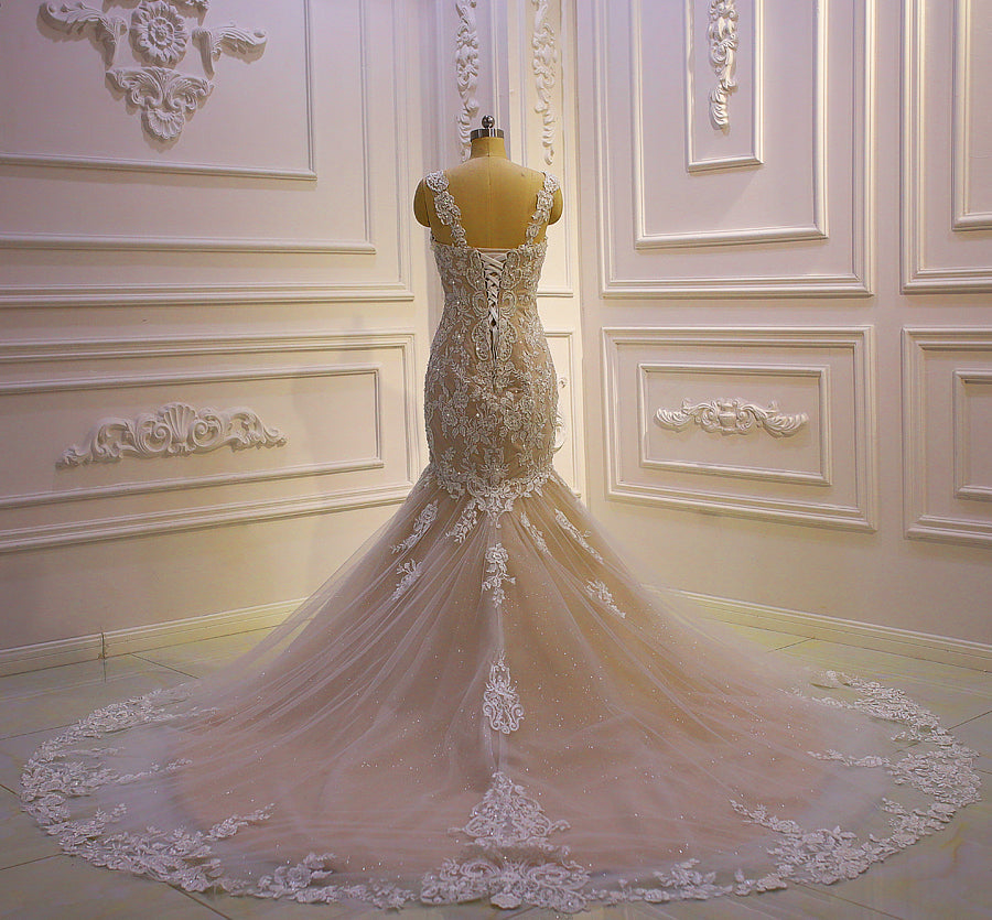 AM772 Cap Sleeve Lace Applique Mermaid Wedding Dress