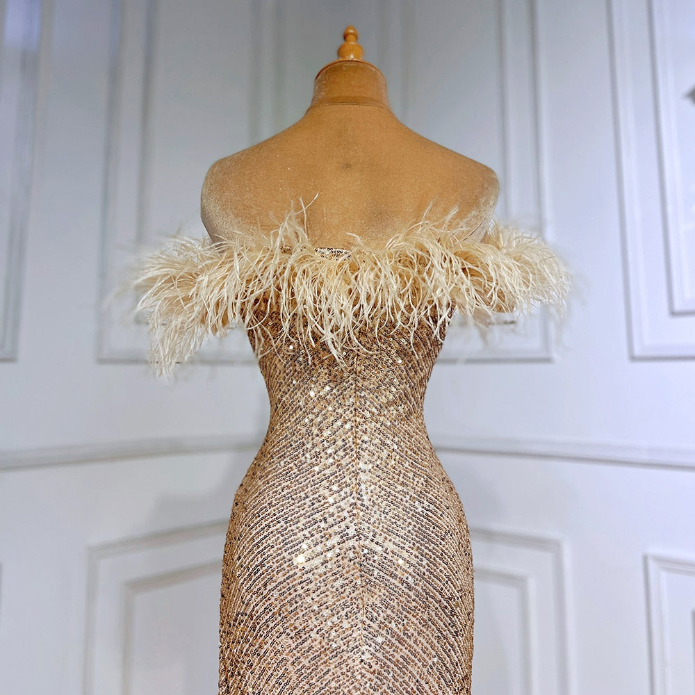 Rose Gold Sexy Mermaid High Split Feathers Formal Luxury Prom Dress For Sexy Girls Graduation Party Gown LA71848