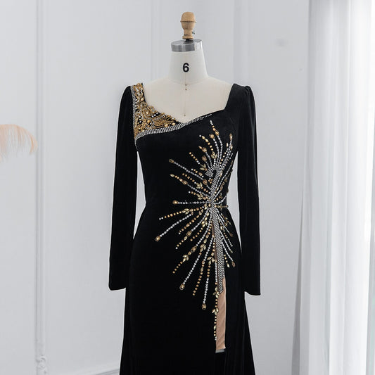 Luxury Crystal Black Velvet Dubai Evening Dresses with Overskirt Long Sleeve Formal Party Dress for Wedding SS533