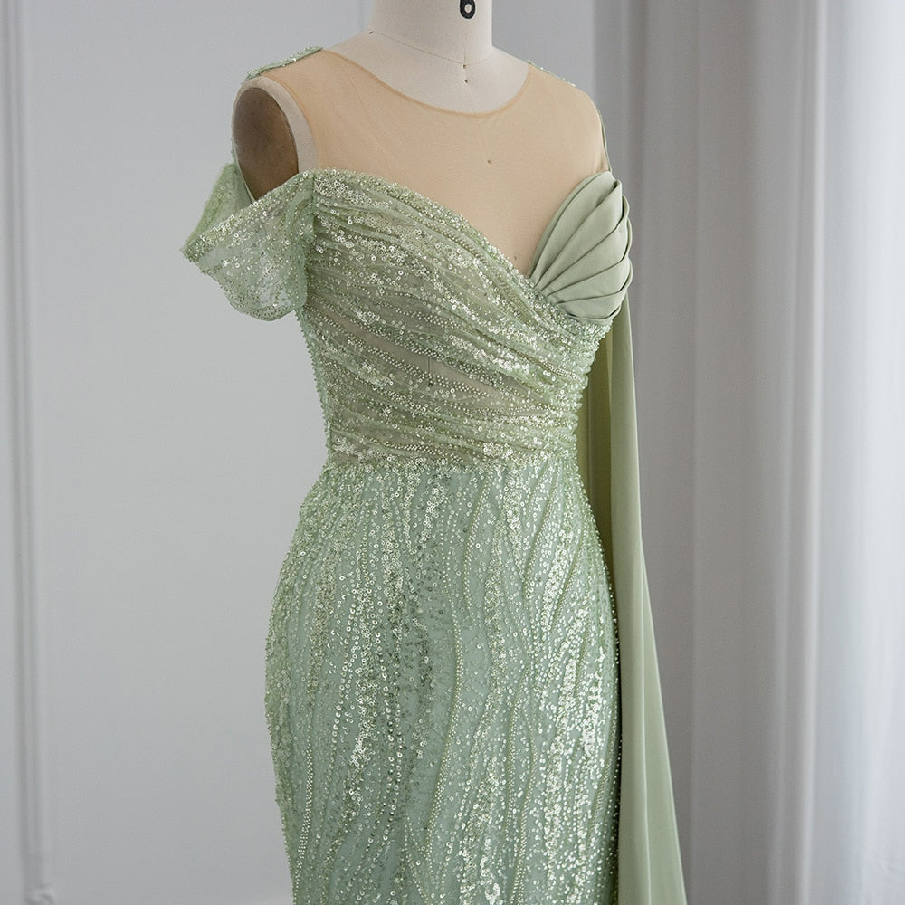 Mint Green Mermaid Luxury Dubai Evening Dress with Cape Sleeve Elegant One Shoulder African Prom Party Dresses RM034