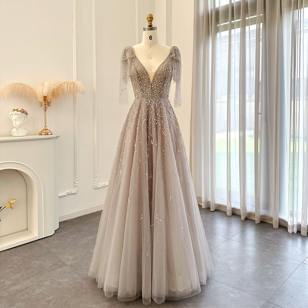 Sexy V-Neck Luxury Dubai Silver Gray Evening Dress Wedding Party Elegant Long Formal Prom Dresses SS097