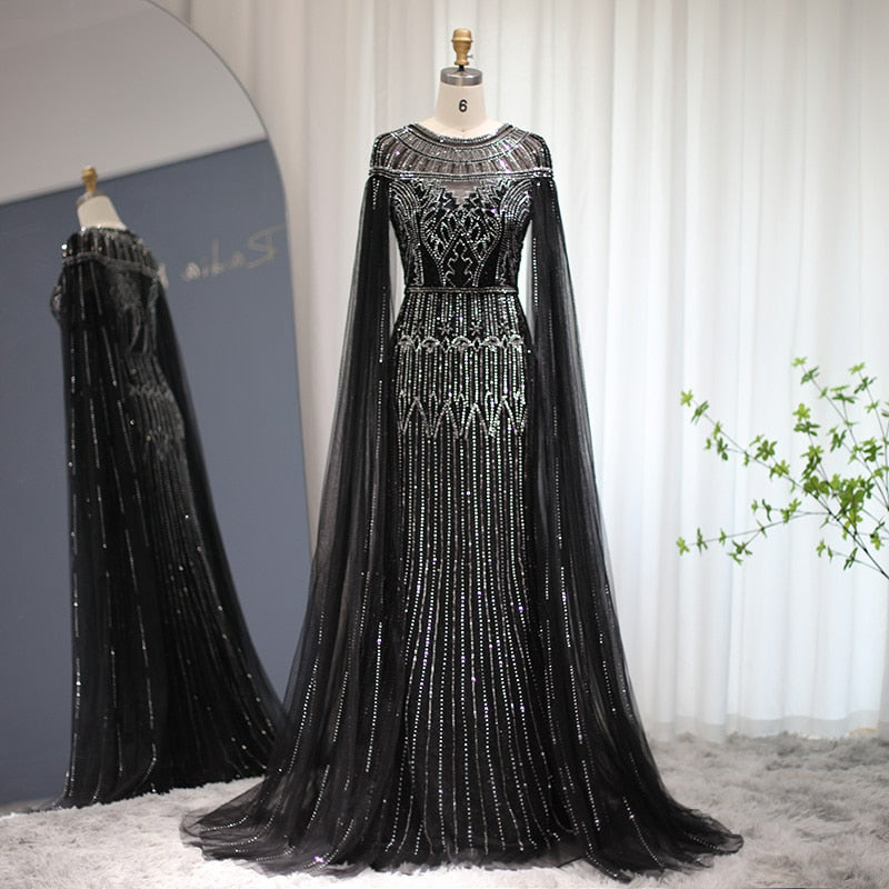 Luxury Gold Mermaid Dubai Evening Dress with Cape Sleeve Arabic Plus Size Formal Party Gowns for Women Wedding SS103