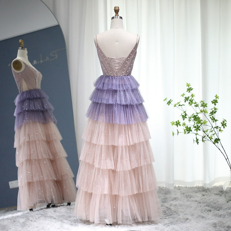 Sparkly Ruffles Purple Evening Dress Luxury Dubai Cape Sleeve Long Formal Party Gowns for Women Wedding SS349