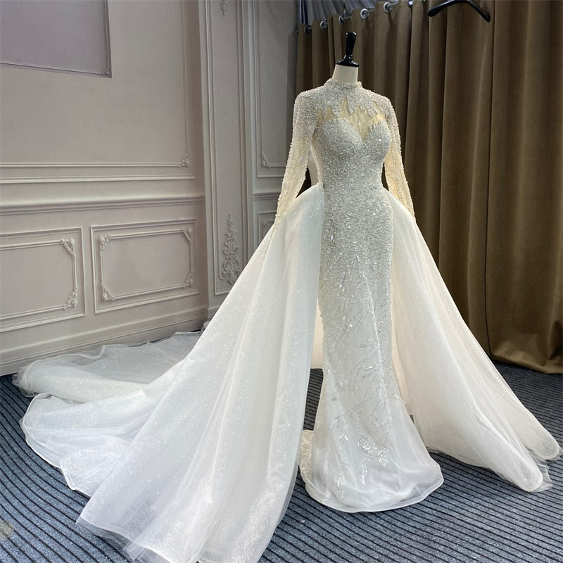 Mermaid Ivory Wedding Dress Bridal Gown 2 In 1 detachable train V Neck pearl beaded Long Sleeves Vestido Novia Marriage