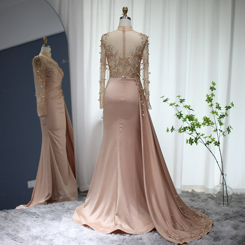 Rose Gold Mermaid Arabic Evening Dress Long Sleeve Luxury Dubai Muslim Formal Dress Wedding Party SS472