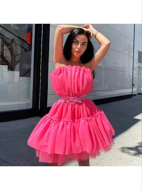 Elegant Mesh Party Dress Women Rose Pink Off Shoulder Bow-knot Dress High Quality Sexy Sleeveless Ball