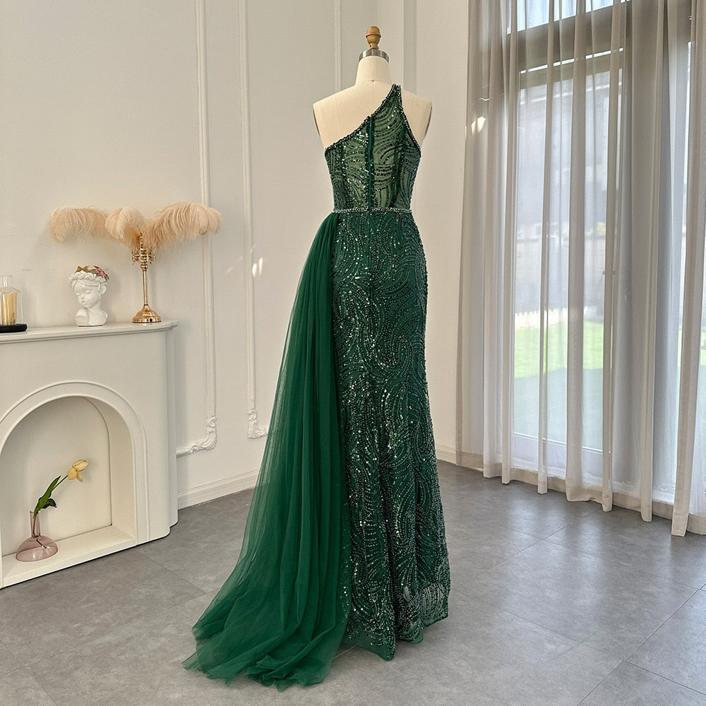 Emerald Green One Shoulder Evening Dresses with OVerskirt Side Slit Luxury Champagne Mermaid Prom Formal Gowns SS102