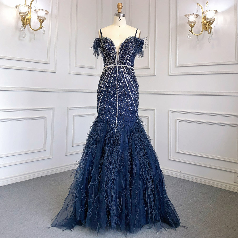 Navy Blue Mermaid Elegant Sexy Spaghetti Straps Evening Dress Gowns Luxury Feathers Beaded Party LA71656