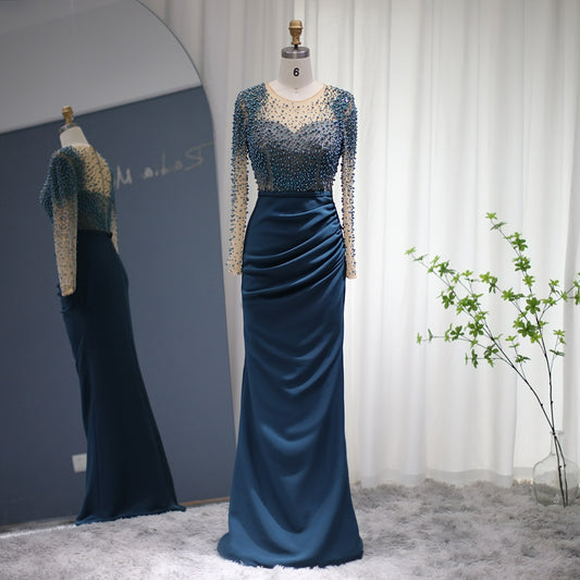 Blue Mermaid Arabic Evening Dresses Dubai Luxury Pearls Crystal Long Sleeves Muslim Formal Dress for Women Wedding SS272