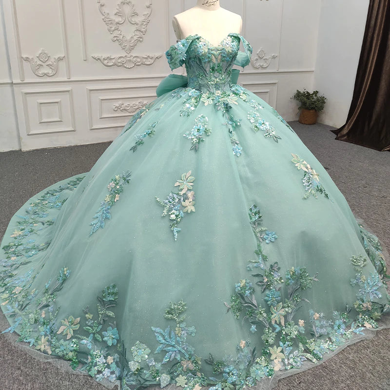 Green Quinceanera Ball Gown  dress with Flower appliques