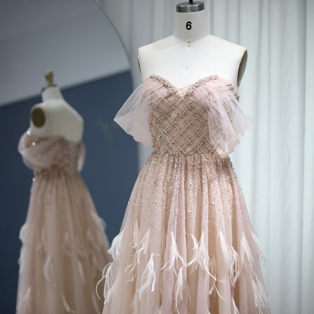 Luxury Feather Pink Dubai Evening Dresses Elegant Off Shoulder Beaded Champagne Formal Dress for Women Wedding SS278