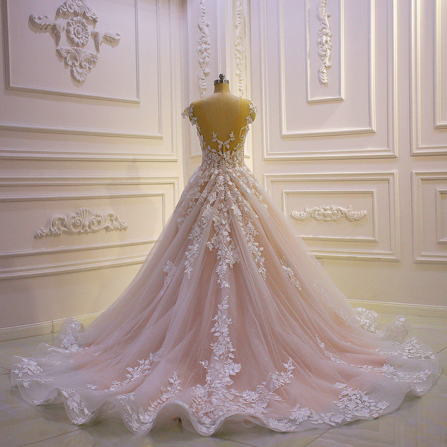 AM801 boheme Cap Sleeve Lace Applique See Through A line Wedding Dress