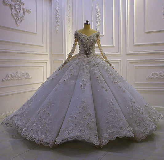 AM805 Off Shoulder Lace Applique Crystal 3D Flower luxury Wedding Dress