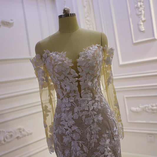 AM806 Lace Dress Off Shoulder Champagne Mermaid Wedding Dress