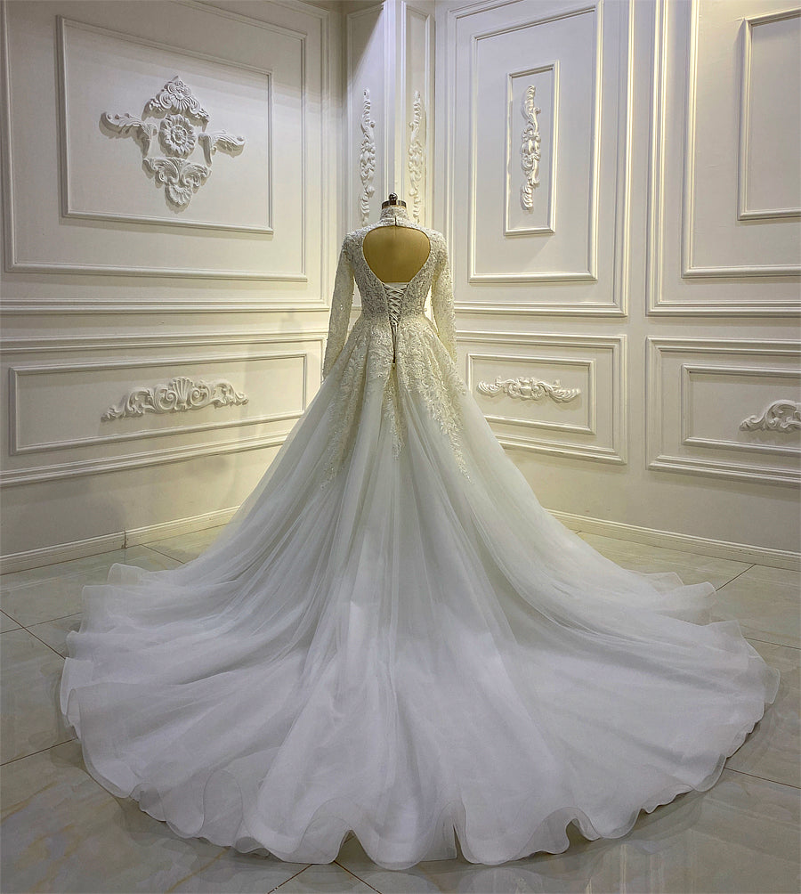 AM812 High Neck Long Sleeve Lace Applique Keyhole Back Detachable Skirt Wedding Dress