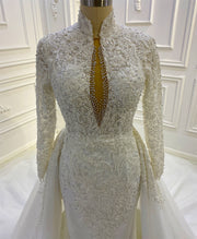 AM812 High Neck Long Sleeve Lace Applique Keyhole Back Detachable Skirt Wedding Dress
