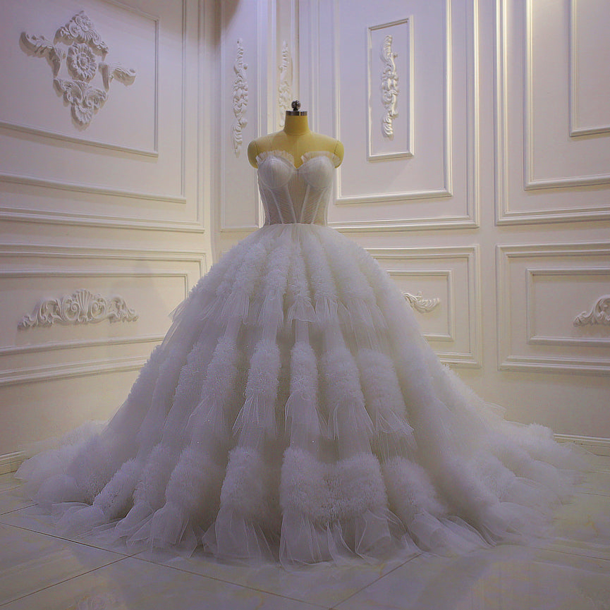 AM815 Strapless Pleat See Through Ball Gown Luxury ruffle tulle Wedding Dress