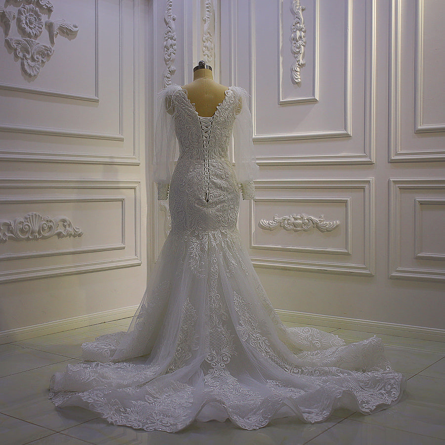 AM819 Elegant New Model Long puff Sleeves Mermaid Wedding Dress