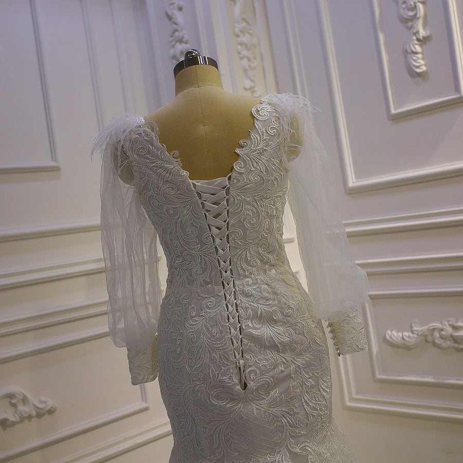 AM819 Elegant New Model Long puff Sleeves Mermaid Wedding Dress