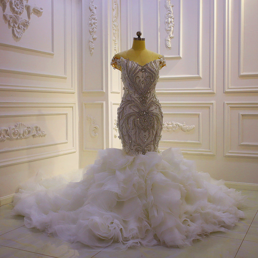 AM832 Off Shoulder Crystal Mermaid Ruffle African luxury Wedding Dress