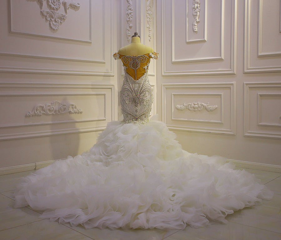AM832 Off Shoulder Crystal Mermaid Ruffle African luxury Wedding Dress