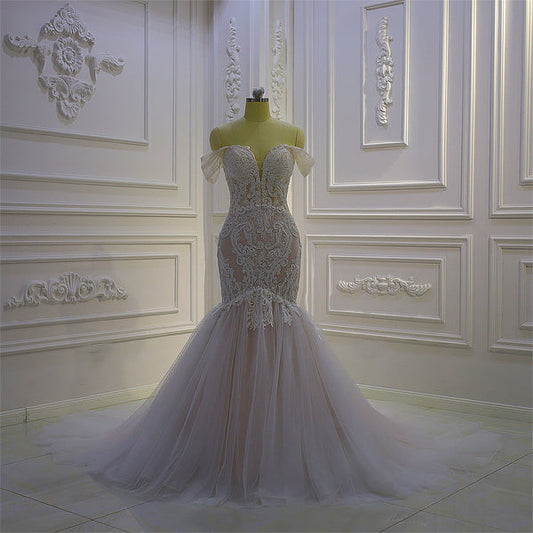 AM844 Off Shoulder Lace Applique Mermaid Wedding Dress