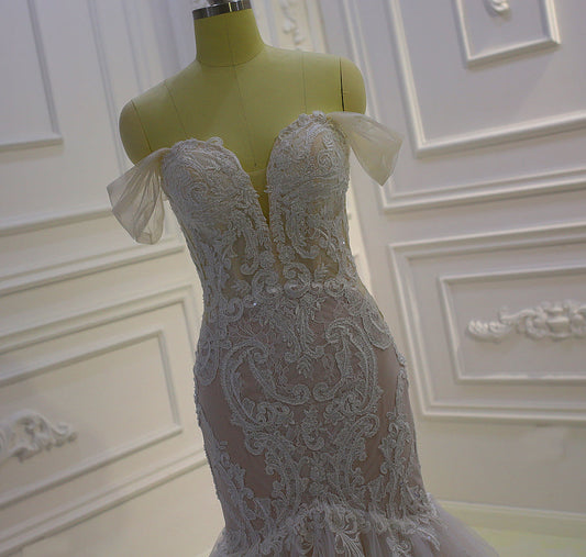 AM844 Off Shoulder Lace Applique Mermaid Wedding Dress