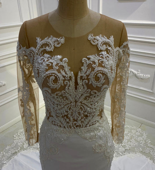 AM848 Beach Casual Long Sleeve Lace Appliqued Illusion neckline Wedding Dress