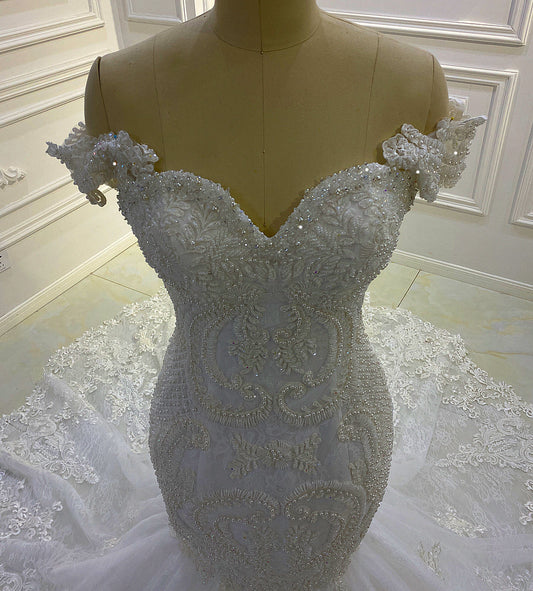 AM852 Off Shoulder Short Sleeve Lace Applique Mermaid Wedding Dress