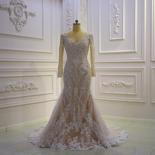 AM861 Long Sleeve Lace Applique Mermaid Wedding Dress