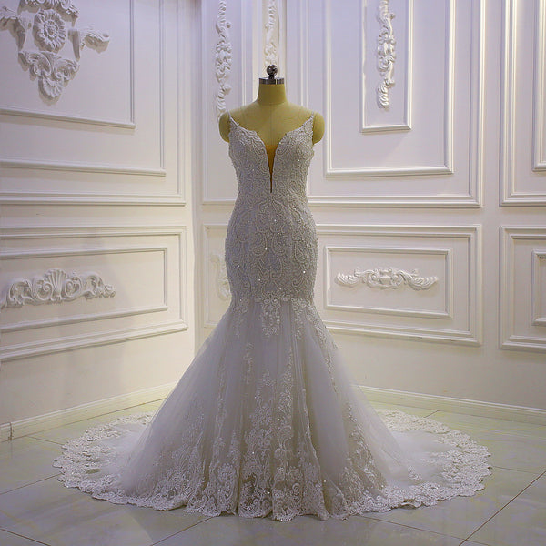 AM863 Spaghetti Straps Lace Appliques Mermaid Wedding Dress