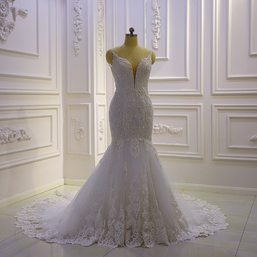 AM863 Spaghetti Straps Lace Appliques Mermaid Wedding Dress