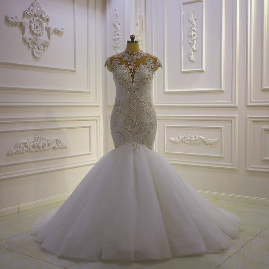 AM865 High Neck Lace Applique Detachable Skirt Off White Wedding Dress