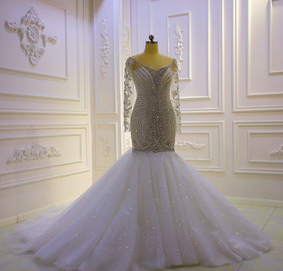 AM869 Long Sleeve Crystal Beading Luxury Mermaid Wedding Dress