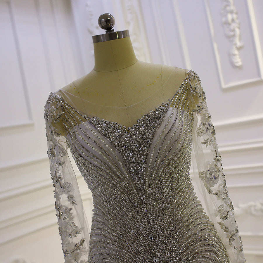 AM869 Long Sleeve Crystal Beading Luxury Mermaid Wedding Dress