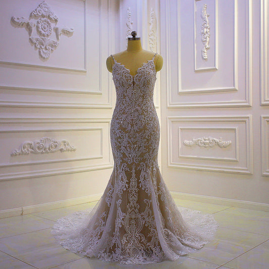 AM870 Champagne Lace Applique Mermaid Wedding Dress