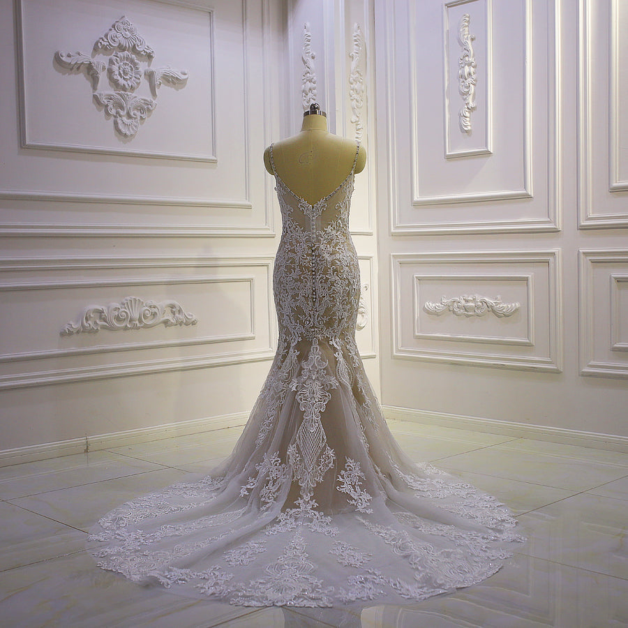 AM870 Champagne Lace Applique Mermaid Wedding Dress