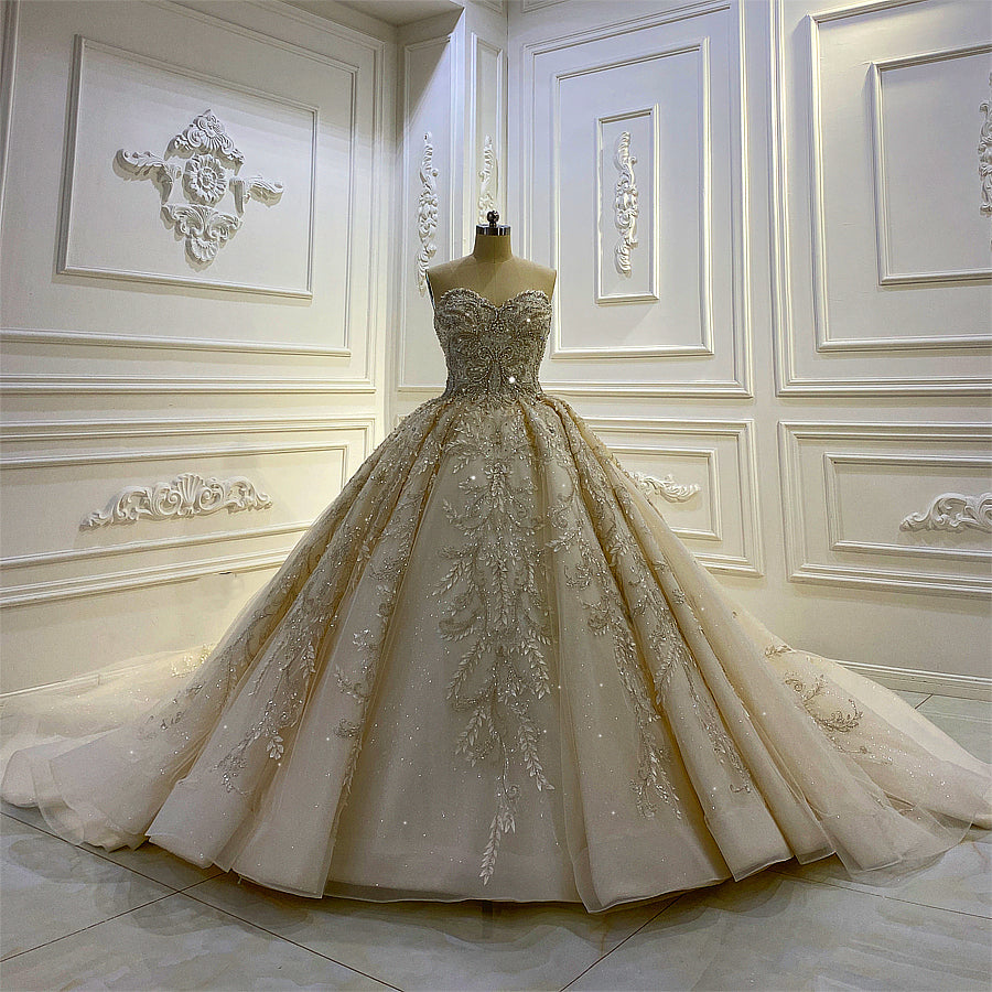 AM874 Off Shoulder Lace Appliqued Luxury Strapless Ball gown Wedding Dress