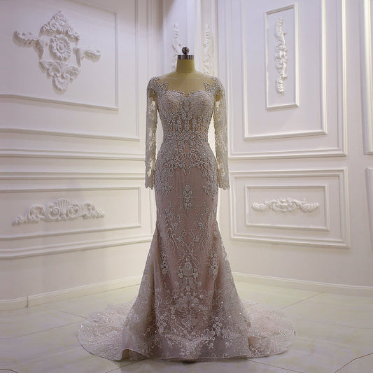 AM877 Long Sleeve Lace Applique Beaded Champagne mermaid Wedding Dress