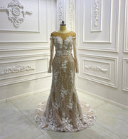 AM881 Long Sleeve Lace Applique Pearls 3D Flowers Detachable Skirt Wedding Dress