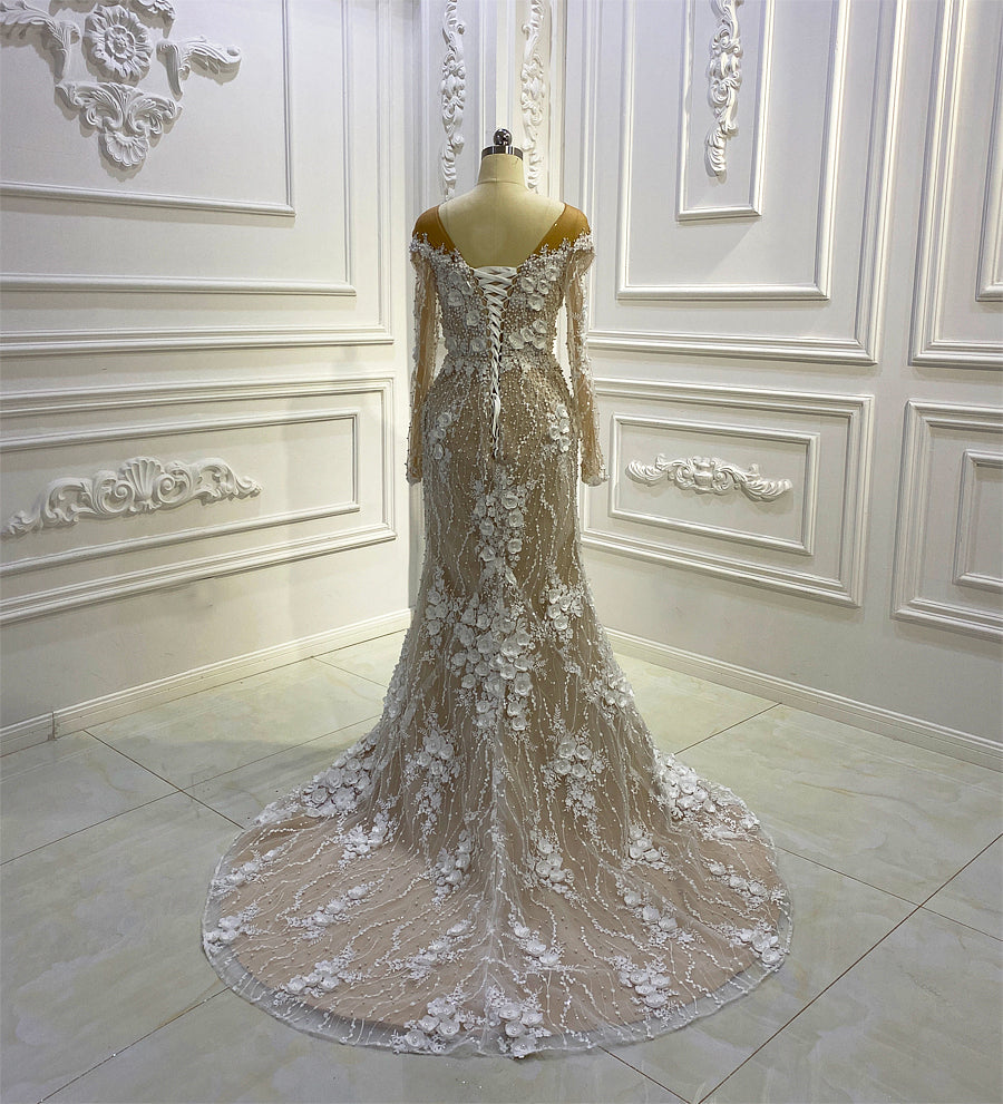 AM881 Long Sleeve Lace Applique Pearls 3D Flowers Detachable Skirt Wedding Dress