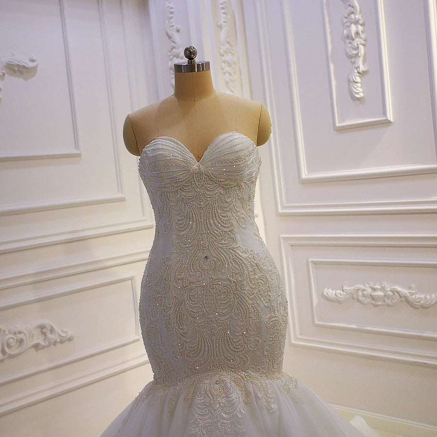 AM890 Appliqued Beading Mermaid Off White Strapless Wedding Dress