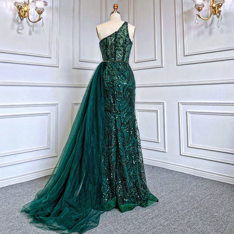 Sexy Green Beaded One Shoulder Mermaid Evening Dresses With Overskirt Luxury Gowns For Women Party LA71755