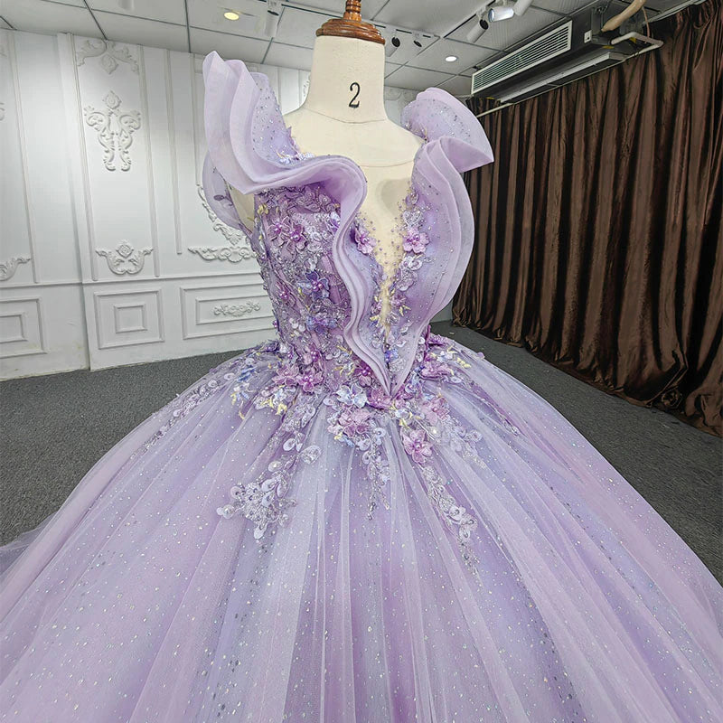Purple Ruched v neckline quinceanera ball gown flower applique dress