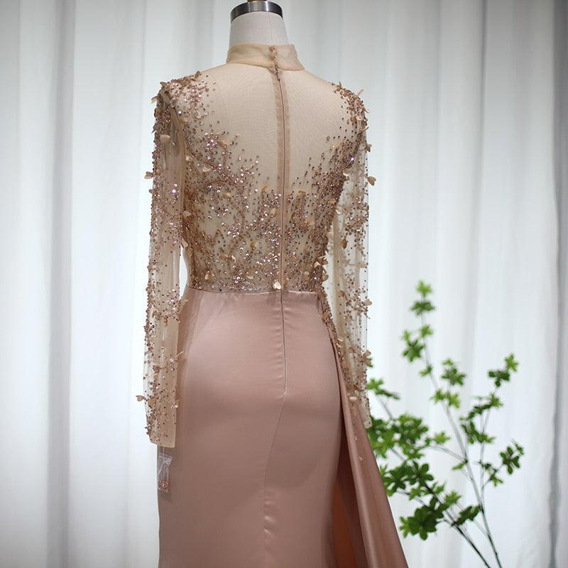Rose Gold Mermaid Arabic Evening Dress Long Sleeve Luxury Dubai Muslim Formal Dress Wedding Party SS472