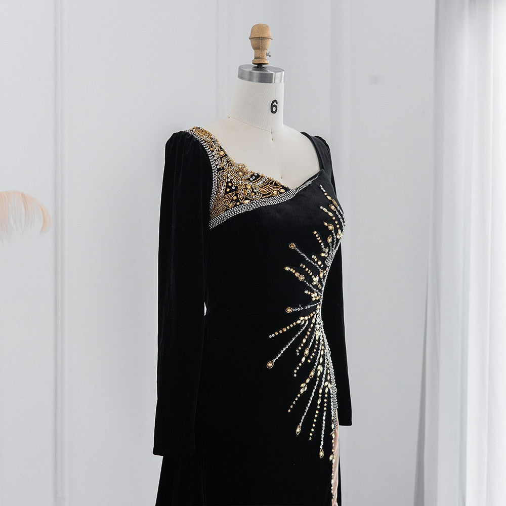 Luxury Crystal Black Velvet Dubai Evening Dresses with Overskirt Long Sleeve Formal Party Dress for Wedding SS533