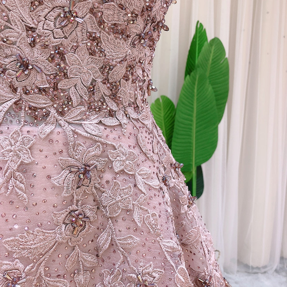 Elegant Ball Gown Rose Pink Evening Dress for Women Wedding Party Luxury Crystal Arabic Long Formal Dresses SS287