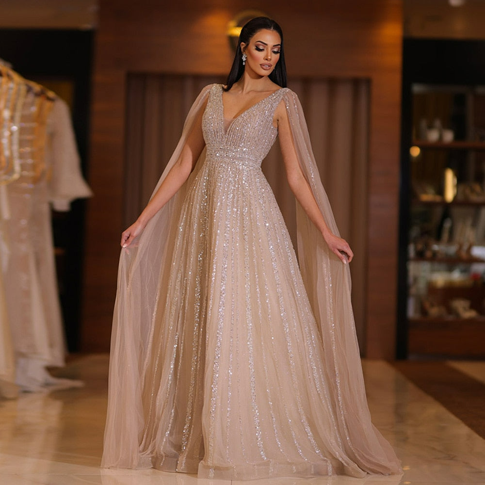 Luxury Nude Dubai Evening Dress with Cape Sleeves Blush Pink Arabic Formal Dresses for Women Wedding Party SS322